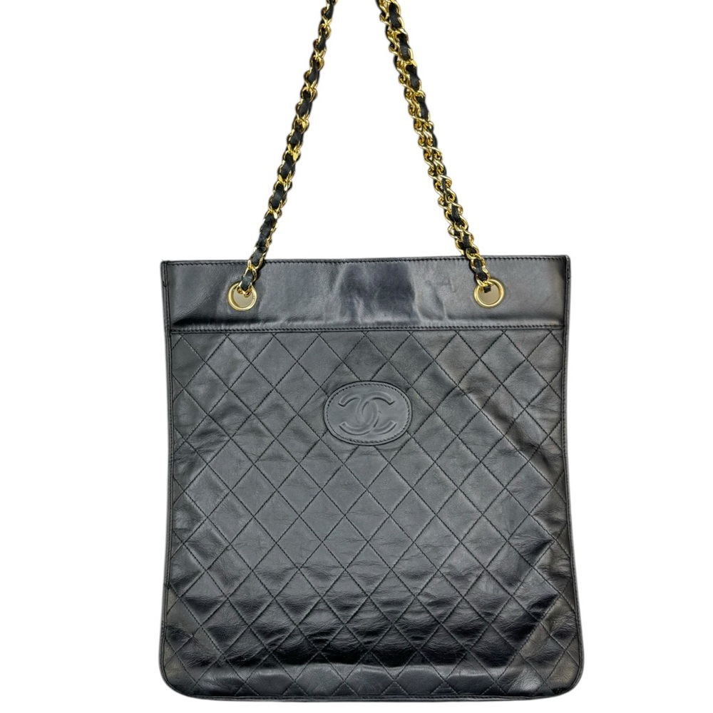 Rare Vintage Chanel Black Quilted Leather Tote Bag